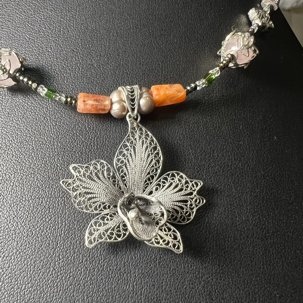 Sterling Silver Floral Pendant Necklace with Green and Orange Beads